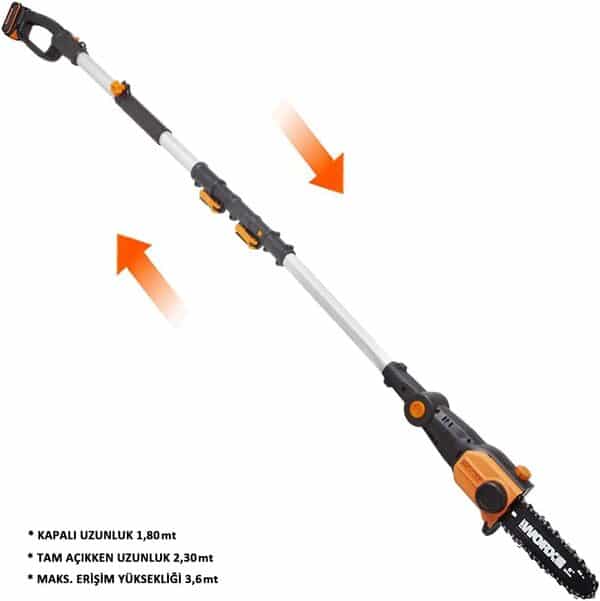 WORX - Elagueuse / tronçonneuse sur tige télescopique 20V - 2Ah - WG349E -⌀ 20 cm (Hauteur de coupe 4m, livrée avec batterie et chargeur, harnais, gaine de lame)