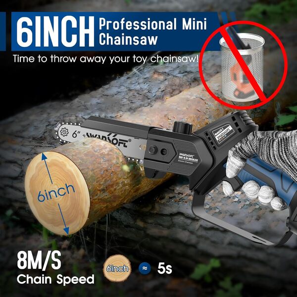 SWANSOFT Tronçonneuse sans fil professionnelle 6 ', mini tronçonneuse à une main avec batterie au lithium 16,8v 2x4ah pour couper le bois, les fruits et les olives, bleu marine