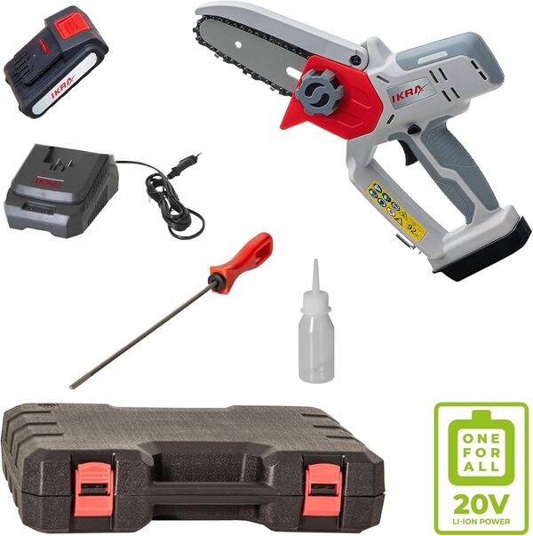 IKRA mini tronçonneuse sans fil ICMS 2011 avec batterie 20V 2,0Ah, chargeur rapide, coffret, lime à chaîne & flacon d'huile