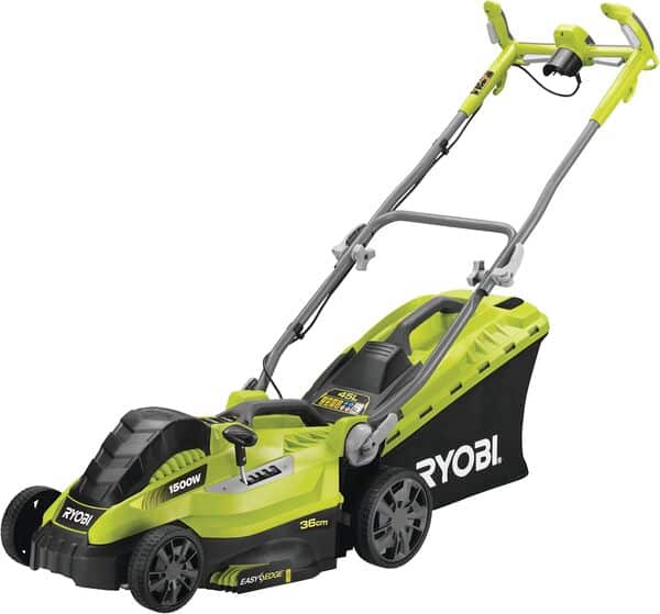 RYOBI - Tondeuse à Gazon 1500W - Ø36cm - Ramassage et Mulching, Double Poignée Ergonomique Vertebrae, Rabatteur d’Herbe EasyEdge, 5 Hauteurs de Coupe - RLM15E36H