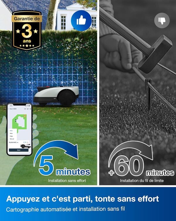 ECOVACS Goat O500 Panorama Robot Tondeuse sans Fil périphérique 500m², Cartographie Automatique, Navigation visuelle panoramique améliorée par LiDAR, Passages étroits jusqu'à 0,7 m, Pente 45%