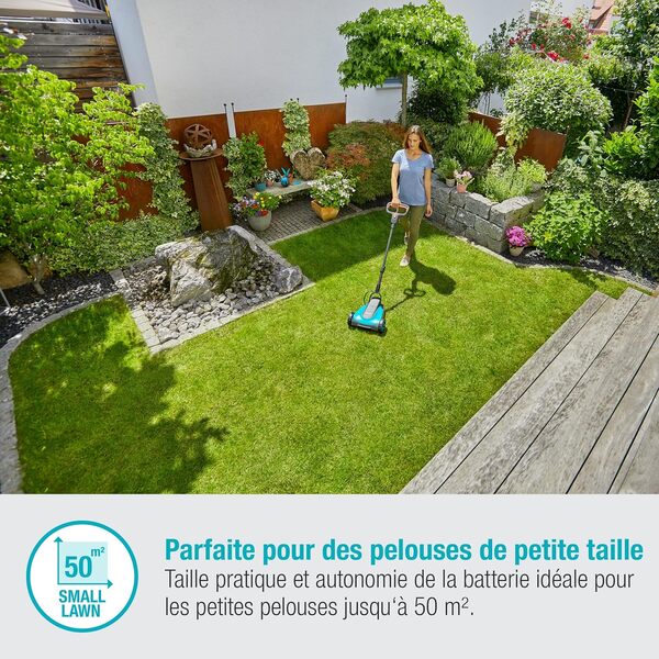 Set tondeuse à gazon sans fil HandyMower 22/18 V P4A Gardena, prêt à l’emploi : Tondeuse manuelle, pour pelouse jusqu’à 50 m², hauteur de coupe réglable, avec batterie 18 V P4A (14620-20)
