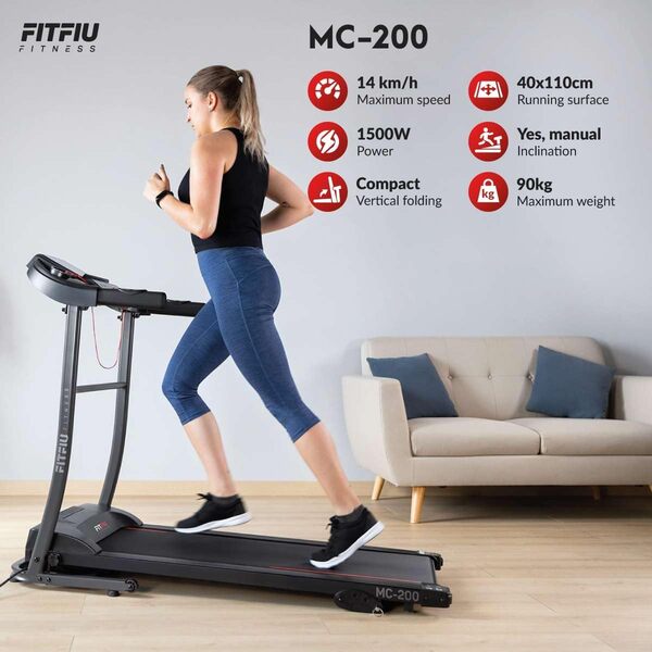 FITFIU Fitness MC-200 - Tapis de Course avec Inclinaison, Pliable, Ultra-Compact et Silencieux, écran LCD avec 12 programmes, Moniteur de fréquence Cardiaque, Utilisation à Domicile/au Bureau