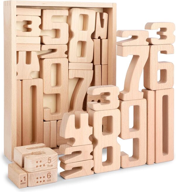 Lasoba Numberblocks Lot de 32 grands blocs en bois pour enfants, chiffres de 1 à 10, jouets d'apprentissage Montessori empilables pour tout-petits de 2 à 8 ans, activités d'apprentissage préscolaire,