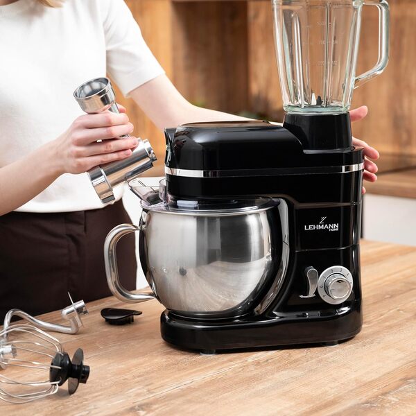 Lehmann Machine de cuisine universelle 3 en 1 | Avec système de battement planétaire | Multifonctionnelle avec hachoir à viande | Presse-agrumes de 1,5 L | Bol en acier inoxydable de 5 L (Noir)