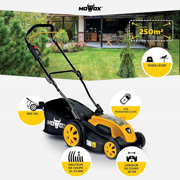 Mowox EM 38 PLi -Tondeuse sans Fil Mowox - 38 cm de Coupe - Batterie Lithium 40V / 2,5 Ah - Jardins jusqu'à 250m² - avec Batterie et Chargeur
