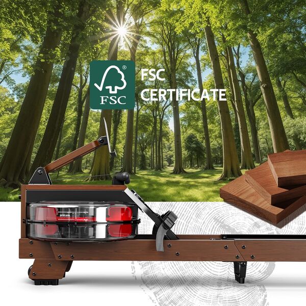 MettleMatic Rameur d'Appartement Pliable en Chêne, Rameur Musculation à Eau Bluetooth avec Support de Tablette, 175 kg Capacité de Charge, Taille de l'utilisateur jusqu'à 200cm, 2 Ans Garantie