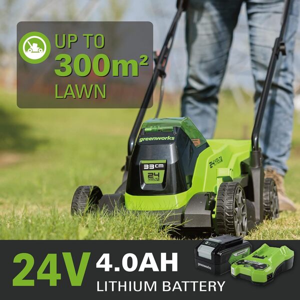 Greenworks 24V 33cm Brushless Tondeuse à Gazon sans Fil, Hauteur de Coupe 25-70mm, 2 Fonctions, avec Sac 30L (avec 4Ah Batterie et Chargeur)