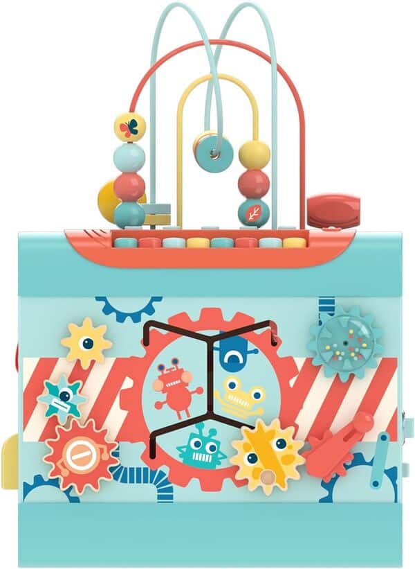 Hape Cube de Motricité Magique - Centre d'Activité Enfant 1 an - 5 Faces d'Activités - Animaux, Formes, Labyrinthe, Balles en Bois, Jeu de Tri, Roue, Alignement - Éveil Ludique & Motricité