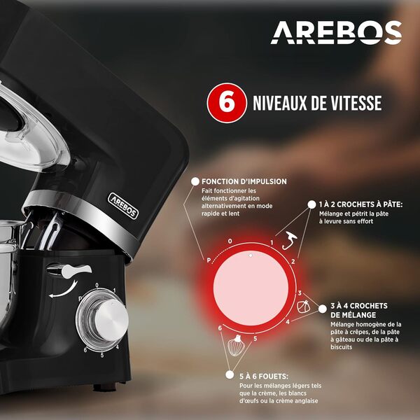 Arebos Robot Pâtissier Professionnel 1500W | Noir | Robot de Cuisine Multifonction avec Fouet, Batteur, Crochet | Avec 2 Bols d'Acier Inoxydable | 6 Vitesses | Fonction Pulse