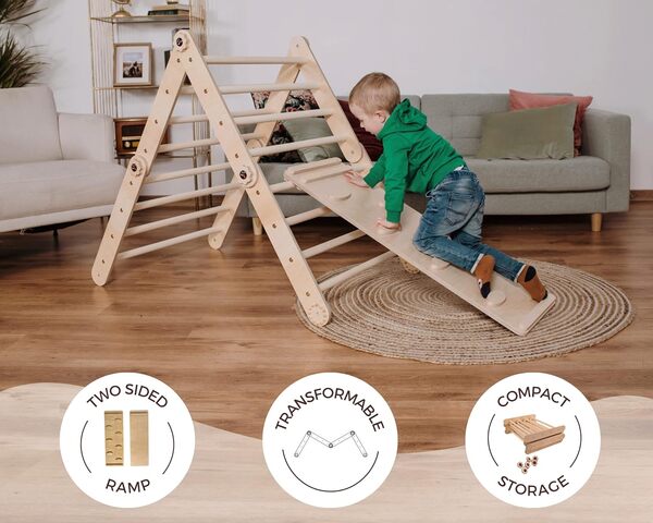 Smart Fox Wood Montessori Kit d'échafaudage en bois avec rampe double face, triangle d'escalade réglable avec toboggan en bois pour enfants de 1 à 6 ans