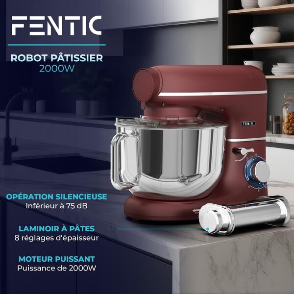 Fentic Robot Pâtissier avec Machine a Pates Fraiche – 2000W – Robot Cuisine avec Machine a Pate – Laminoir a Pate - 6,2L Bol Mélangeur (Rouge)