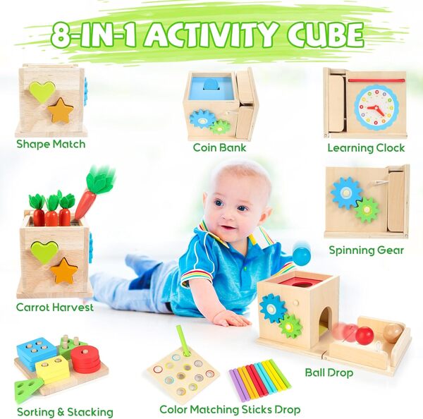 JUSTWOOD Montessori Jouets en Bois pour Les Enfants de 1 a 3 Ans, 8 en 1 Jouet pour l'empilement et Le tri, y Compris Une boîte de rétention d'objets, Cube d'activités d'apprentissage sensoriel,ect