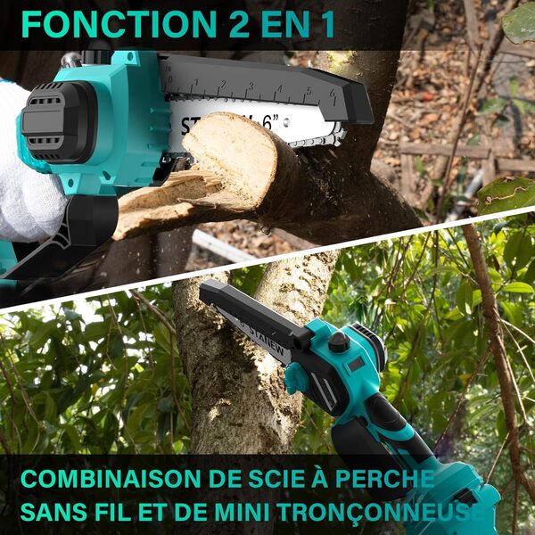 Tronçonneuse télescopique 2 en 1 STANEW, mini tronçonneuse sans balais avec 2 x 4000mAh batteries, 6 Pouces, hauteur de travail max. 4,55 m, réglage multi-angle de 0-120°avec écran LCD