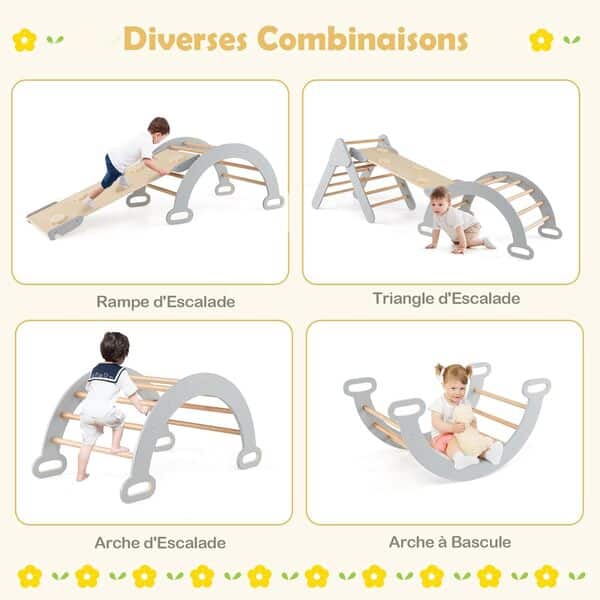 DREAMADE Triangle Escalade Bebe Montessori pour 1+ Ans, Échelle d’Escalade en Bois avec Triangle/Arche/Rampe, Convient pour Enfant à Maternelle, Maison (Gris+Naturel)
