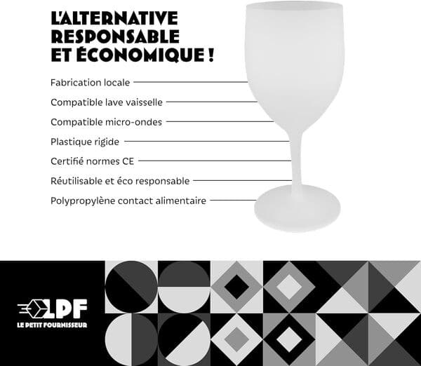 LPF LE PETIT FOURNISSEUR - Lot de 120 Verres à Vin réutilisables 25cl (30cl max) - Polypropylène plastique alimentaire rigide - Verre à pied à eau et vin - Compatible lave-vaisselle - Couleur Givrée