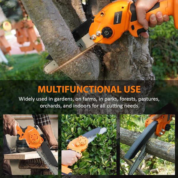 Grenintol Mini Tronçonneuse à Batterie, 8 pouces 1000W Petite Tronconneuse Thermique Coupe Branche Electrique Scie, 24V Electrique Tronçonneuse Sans Fil Pour Jardin, 2 Chaînes