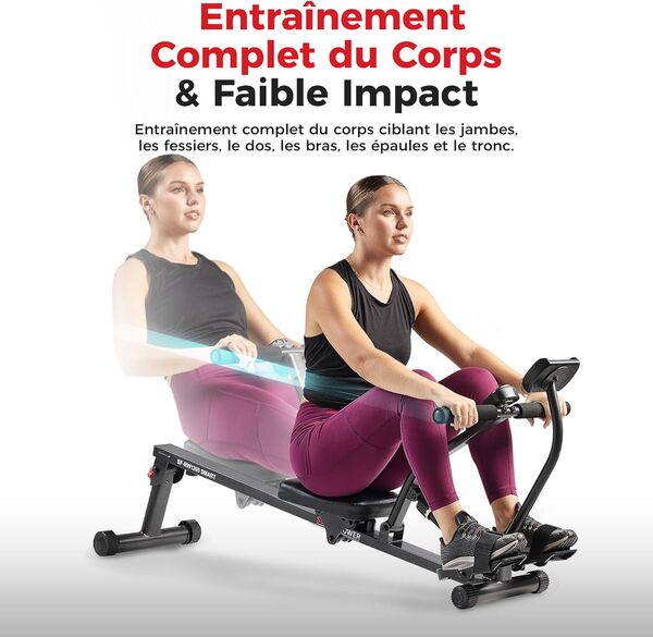 Sunny Health & Fitness Rameur de Fitness Compact avec 12 Niveaux de Résistance, Appareil Réglable pour Entraînement Complet du Corps à la Maison, avec Optionnelle Connexion SunnyFit APP Gratuite