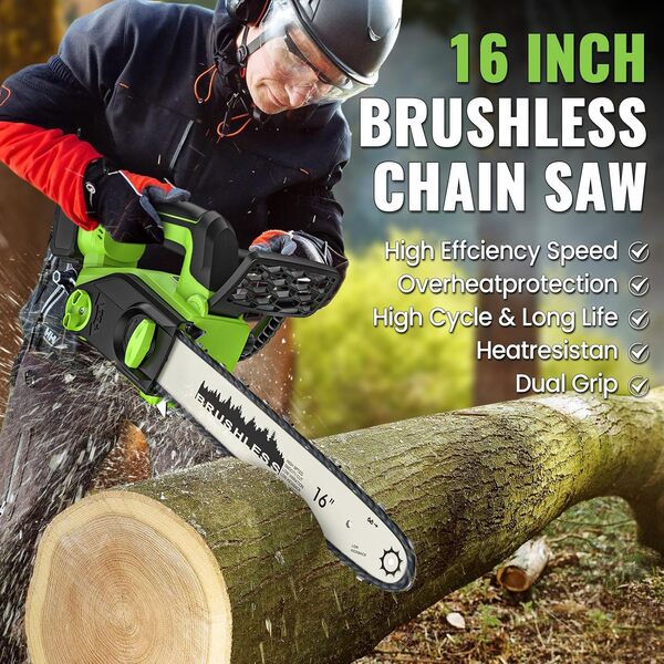 Tronconneuse Batterie 16 Pouces, Tronconneuse Electrique avec 2 x 4.0 Ah Batterie, Moteur sans Balais de 2200 W, Écran LCD et Lubrification Automatique de La Pompe à Huile, pour Coupe Bois