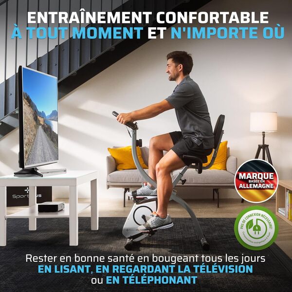 SportPlus vélo d'appartement pliable avec dossier - 8 niveaux de résistance (freinage magnétique silencieux), avec support tablette, capteur de fréquence cardiaque