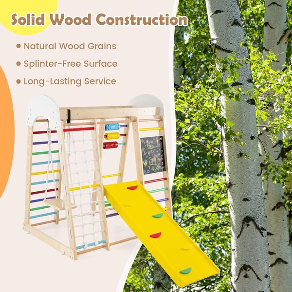 GOPLUS 8 en 1 Aire de Jeu Portique Escalade Enfant en Bois avec Toboggan,Chevalet, Mur&Filet&Barre& Échelle Escalade Échelle Balançoire, Jeu de Calcul pour Enfants 3 Ans + 124x119x138cm (Coloré)