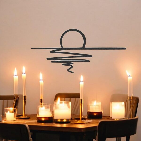 Tubibu Art mural en métal - Décoration murale à paillettes - Ligne minimaliste noire - Lever de soleil pour salon, chambre à coucher, cadeau de pendaison de crémaillère en plein air (taille XL)