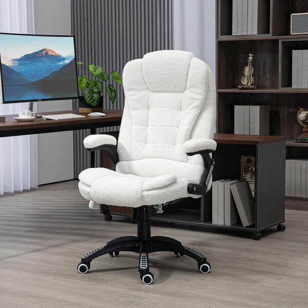Vinsetto Fauteuil de Bureau massant et Chauffant, Chaise de Bureau, Chaise Ergonomique avec Hauteur réglable, Dossier inclinable et télécommande Filaire, pivotant à 360° Tissu en Polyester Blanc
