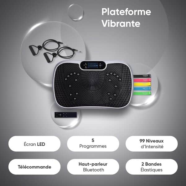 Plateforme Vibrante Certifiée CE Plateforme Oscillante, 99 Niveaux d’Intensité et 5 Programmes, Plaque Vibrante Maison Antidérapante avec Haut Parleur Bluetooth & Télécommande