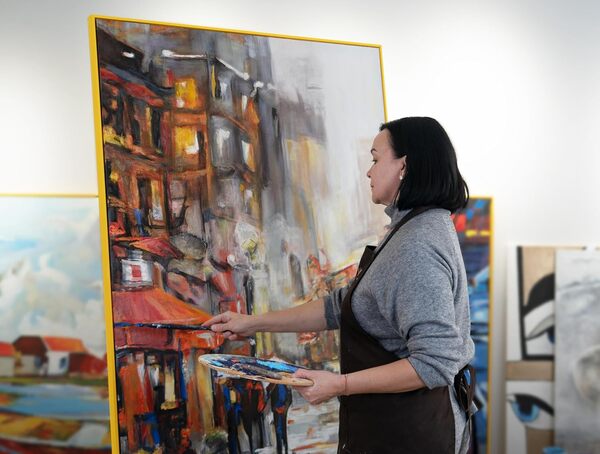 YS -Art DL084 Peinture acrylique peinte à la main avec cadre « Atmosphère urbaine » | Peinture abstraite | Décoration d'intérieur | Moderne | Tableau acrylique pour chambre à coucher bureau