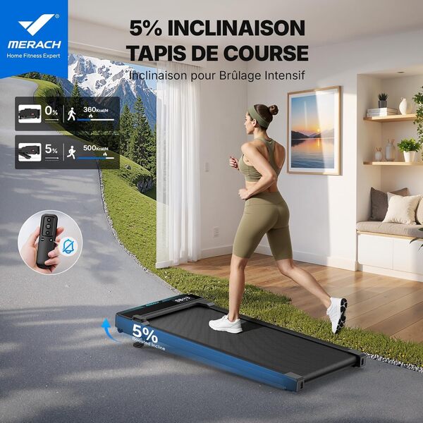 MERACH Tapis de Course Inclinable,Pente 5%,Tapis Roulant 2-6km/h,3.0HP Walking Pad Silencieux,Tapis de Marche Bureau,Treadmill Surface Large 40 cm,Écran LED,Charge Max 136 kg,pour Maison,Bureau
