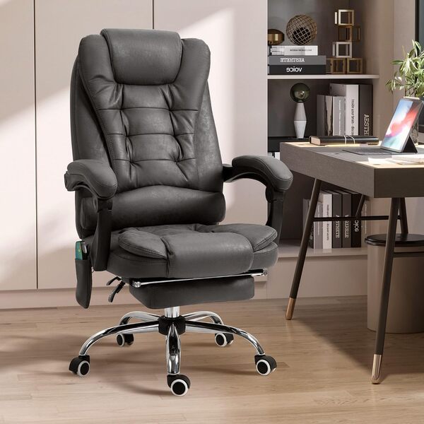 Vinsetto Fauteuil de Bureau massant et Chauffant, Chaise de Bureau Ergonomique Hauteur réglable, Dossier inclinable, Repose-Pieds, télécommande Filaire, pivotant 360°, Tissu en Microfibre, Gris foncé