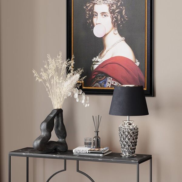 Kare Design Lampe à Poser Rose, Noir/Argent, Faïence, Motif de Roses, Lampe de Table, Lampe Salon, Deco Intérieur, Décoration Chambre, Couloir, 59x34x34 cm (Ampoule Non Incluse)