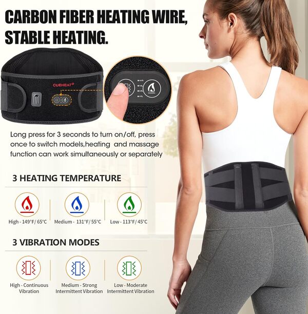 CUEHEAT Ceinture ventrale chauffante, coussin chauffant sans fil pour le dos bas, chauffage électrique et massage, alimenté par piles rechargeables (noir foncé, 114,3 cm)