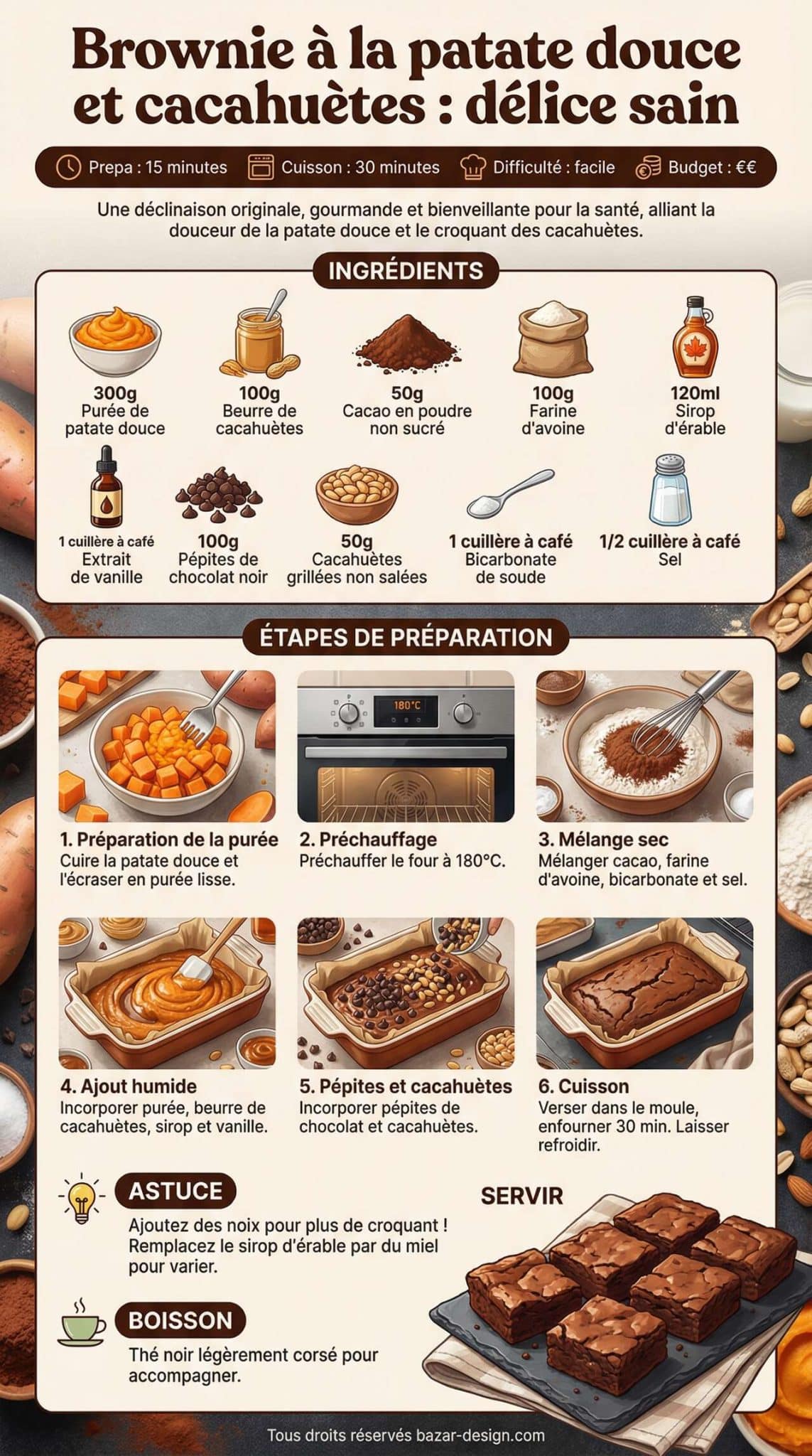 Fiche recette Brownie &agrave; la patate douce et cacahu&egrave;tes : d&eacute;lice sain