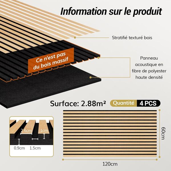 TONOR Lot de 4 Panneau Acoustique en Placage de Bois, 120x60x1,9 cm, Dalle Murale Autocollante, Absorption de L'écho, Mousse Décoratif en 3D, Panneaux Insonorisants pour le Salon, le Bureau, Chêne