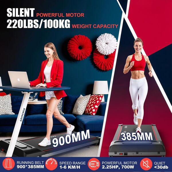 CharonFit Tapis de Course pour Domicile, Walking Pad : avec Un Moteur de 2,25 CV, Une capacité de Charge de 100 kg et Une Pente de 4%, 1-10 km/h