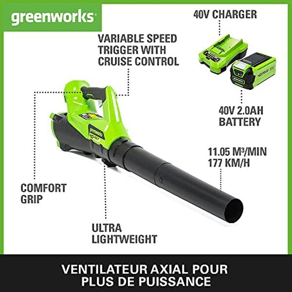 Découvrez l'efficacité du souffleur sans fil Greenworks G40ABK2, un allié puissant et autonome pour l'entretien de vos espaces extérieurs