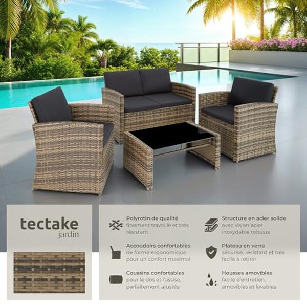 Découvrez notre test complet du salon de jardin 4 places TecTake en résine tressée : avis, caractéristiques, avantages et prix pour bien choisir votre mobilier de jardin. 