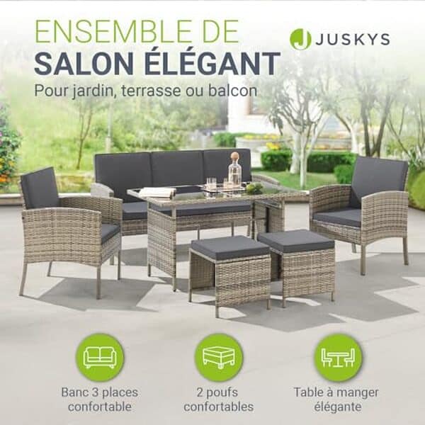 Découvrez notre avis complet sur le salon de jardin Juskys Turin en polyrotin 6 pièces : design, confort et durabilité pour votre terrasse. 
