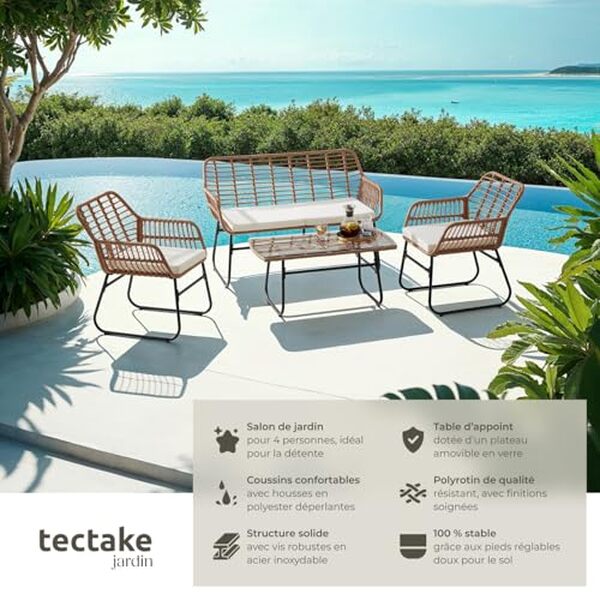 Découvrez notre test complet du salon de jardin TecTake en poly rotin avec canapé et fauteuils : qualité, design et confort pour votre terrasse. 